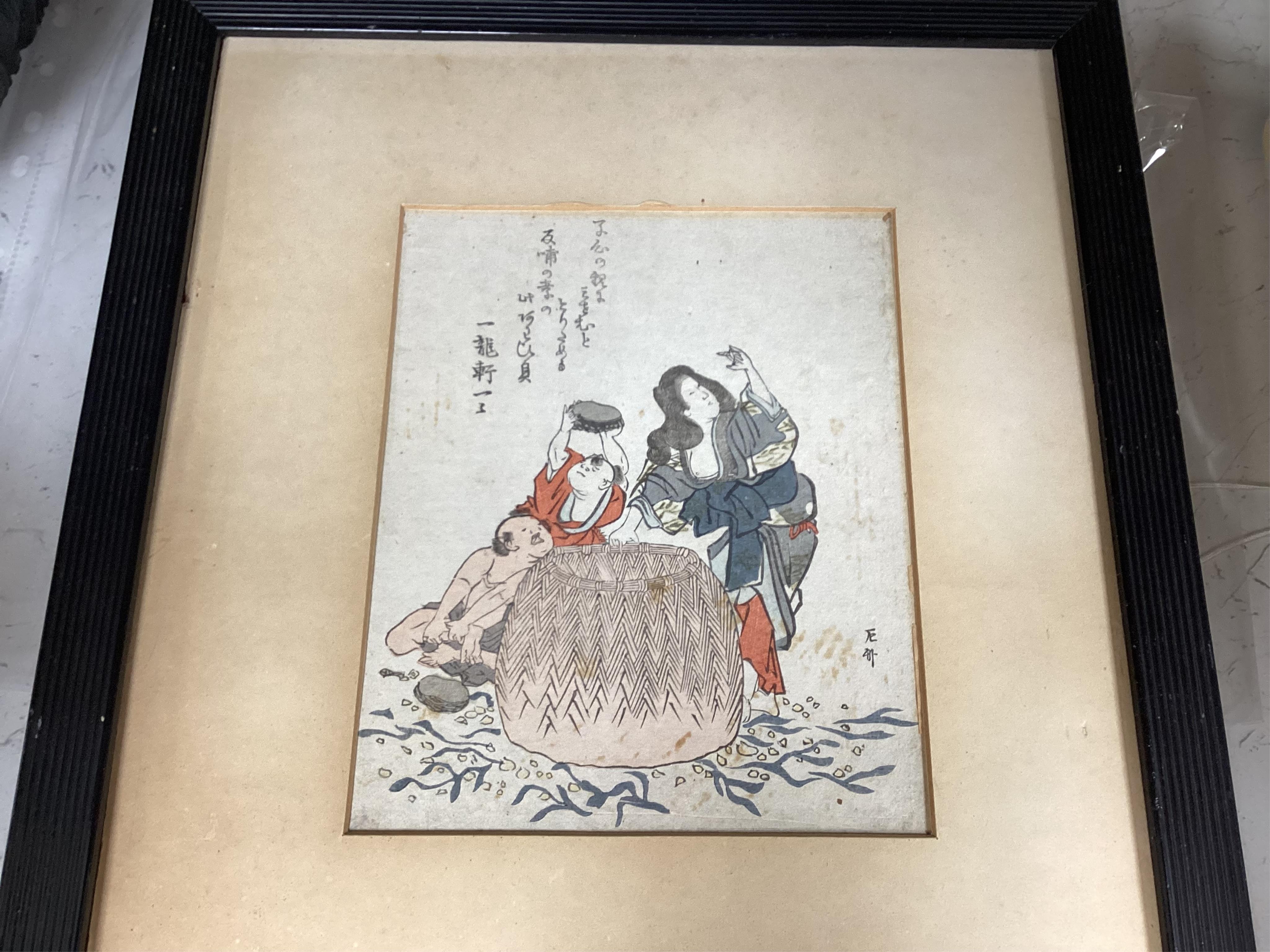 Four Japanese paintings on silk, and two woodblock prints, one after Shinsai, largest 30x25cm